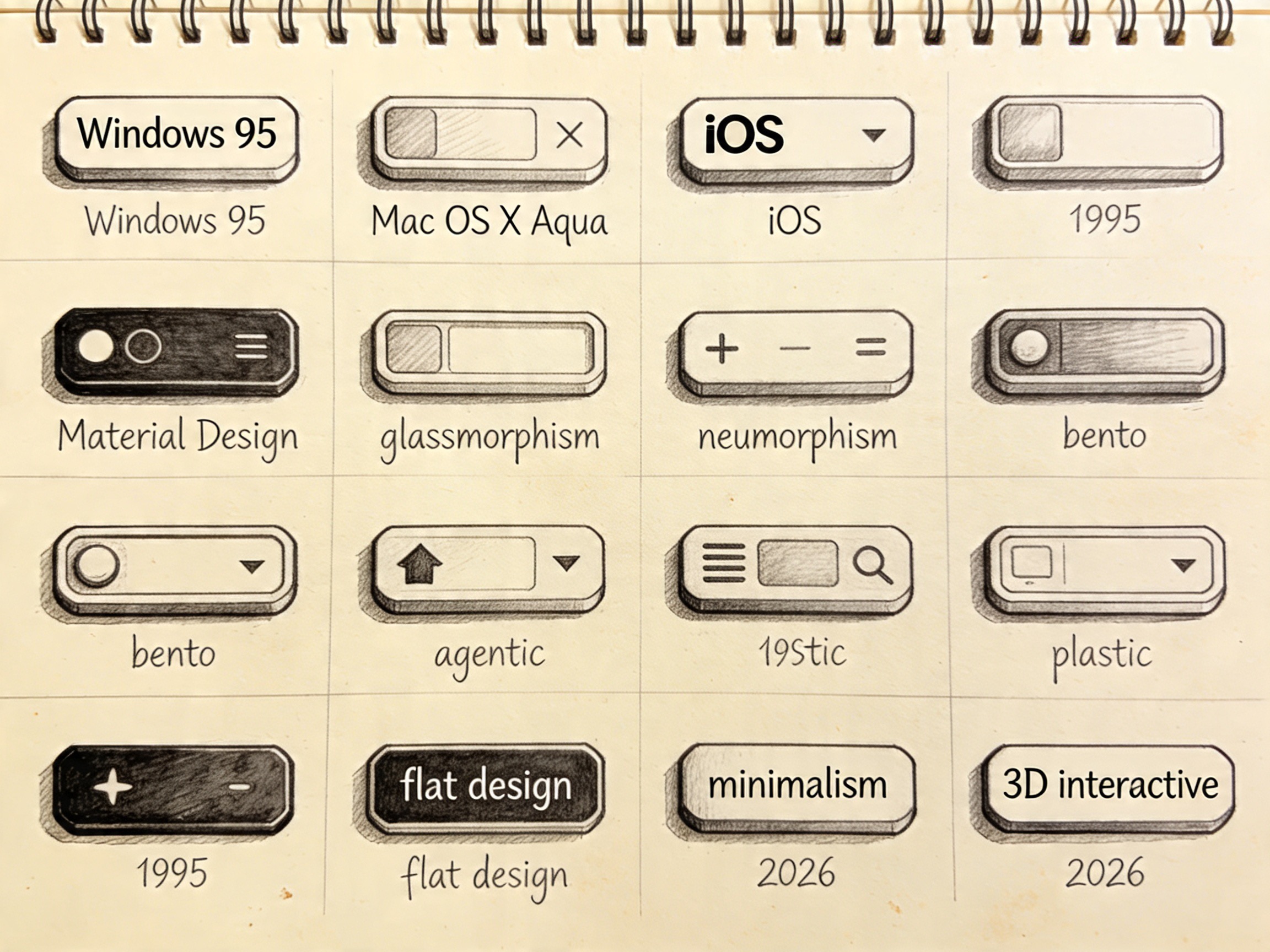 Timeline visual de evolución de paradigmas de diseño de interfaces: Windows 95, Mac OS X Aqua, iOS, Material Design, glassmorphism, neumorphism, bento, flat design, minimalism, 3D interactive.