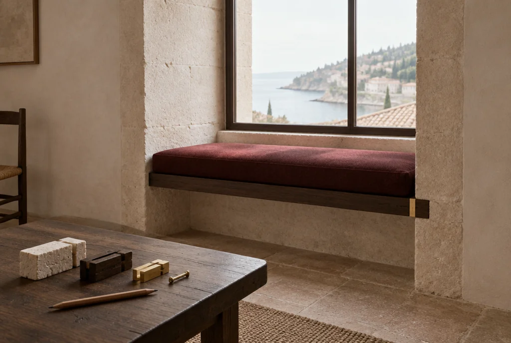 Exploración conceptual de un banco de madera junto a una ventana de piedra, con muestras de piedra, madera y latón sobre una mesa