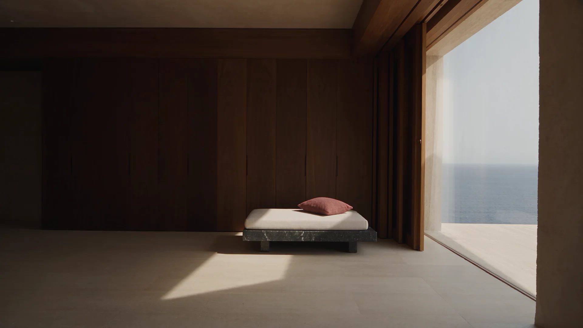 Estudio conceptual de una suite: piedra, madera y una celosía que filtra la luz natural
