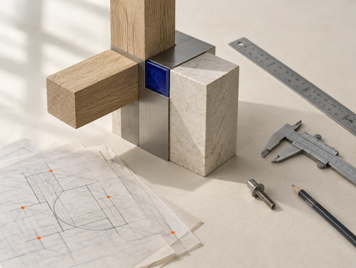 Uniones de madera, piedra y metal junto a herramientas de medición y un croquis